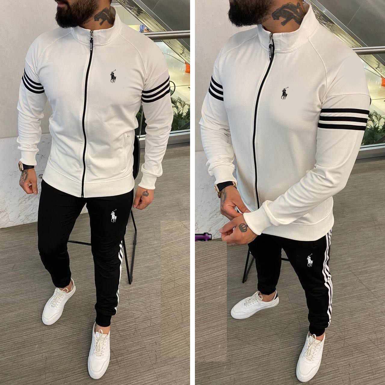 White and black striped jacket style 2 piece set high quality winter sportswear