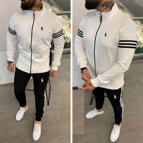White and black striped jacket style 2 piece set high quality winter sportswear